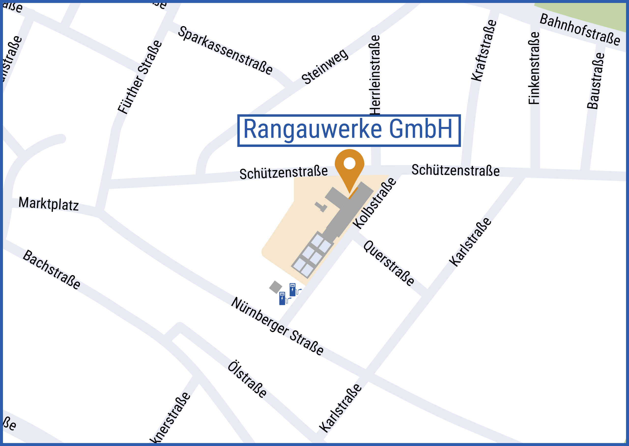 Stadtplan-Grafik zeigt den Standort der RangauWerke in der Innenstadt Zirndorfs