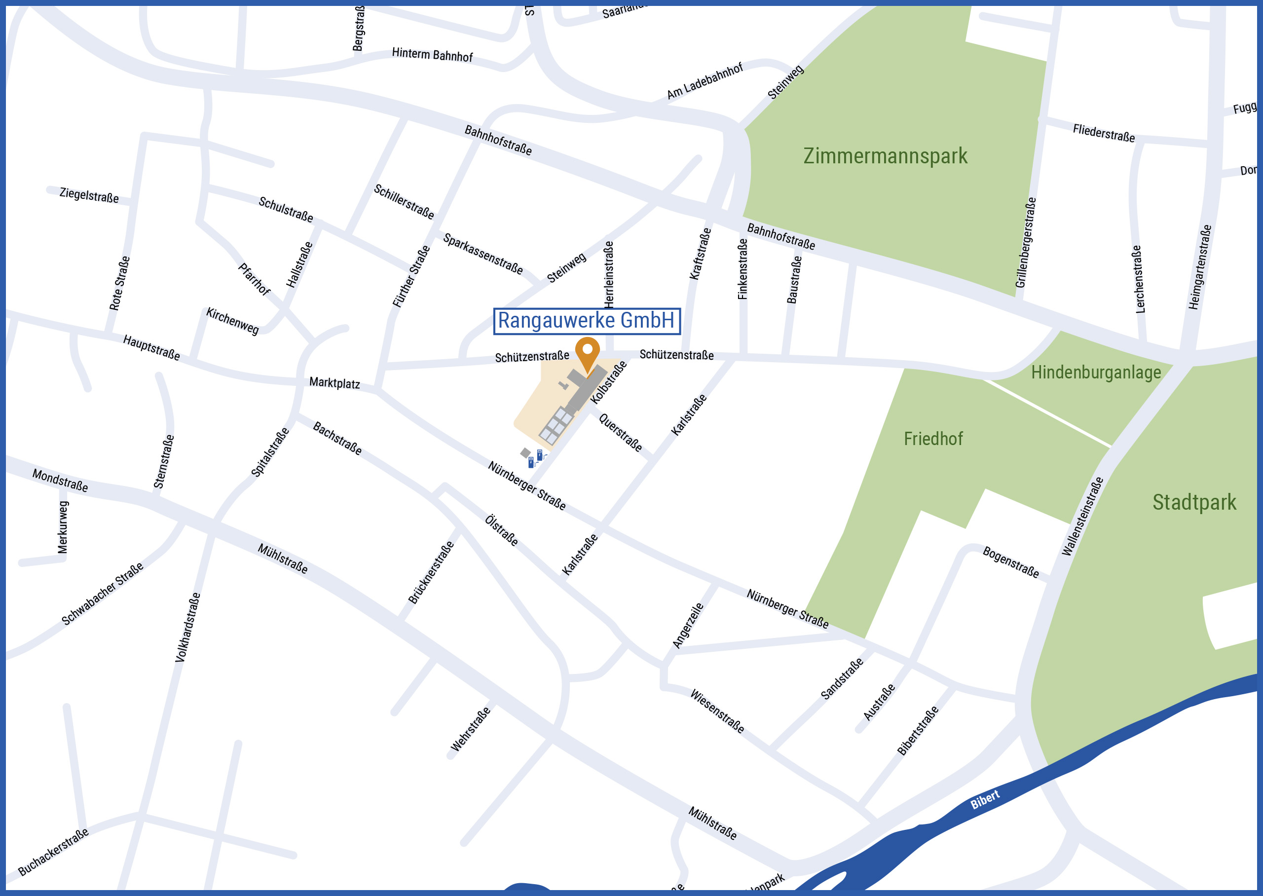Stadtplan-Grafik zeigt den Standort der RangauWerke in der Innenstadt Zirndorfs